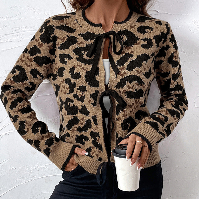 Damen Leo-Muster Strickjacke mit Bändern Sovae