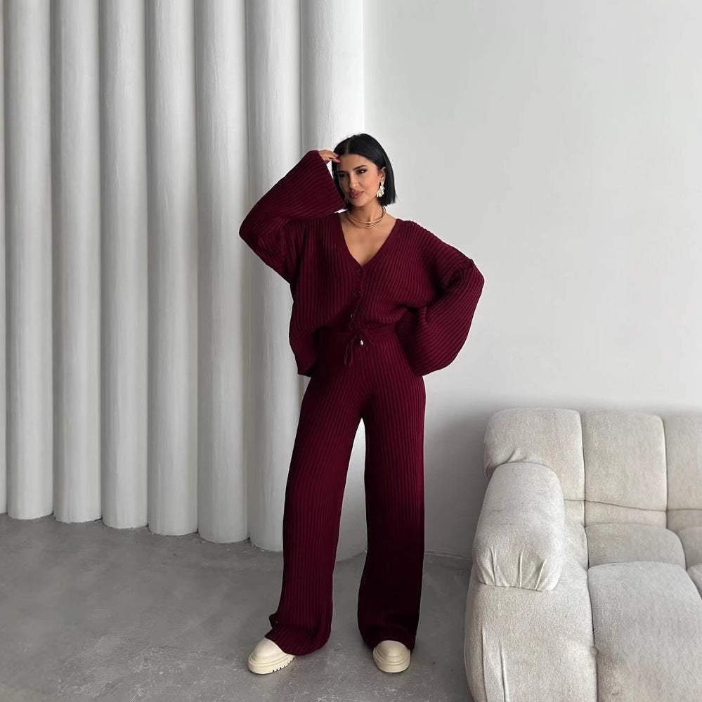 Damen lässiges Strick-Loungewear-Set mit Knopfleiste und weitem Schnitt Sovae