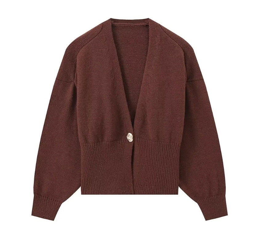 Damen elegante Strickjacke mit tiefem V-Ausschnitt und Knopfdetail Sovae