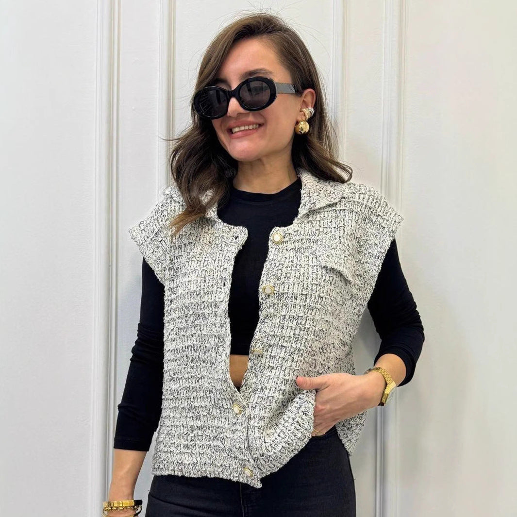 Damen ärmellose Jacke mit strukturiertem Stoff und praktischen Knopfdetails Sovae