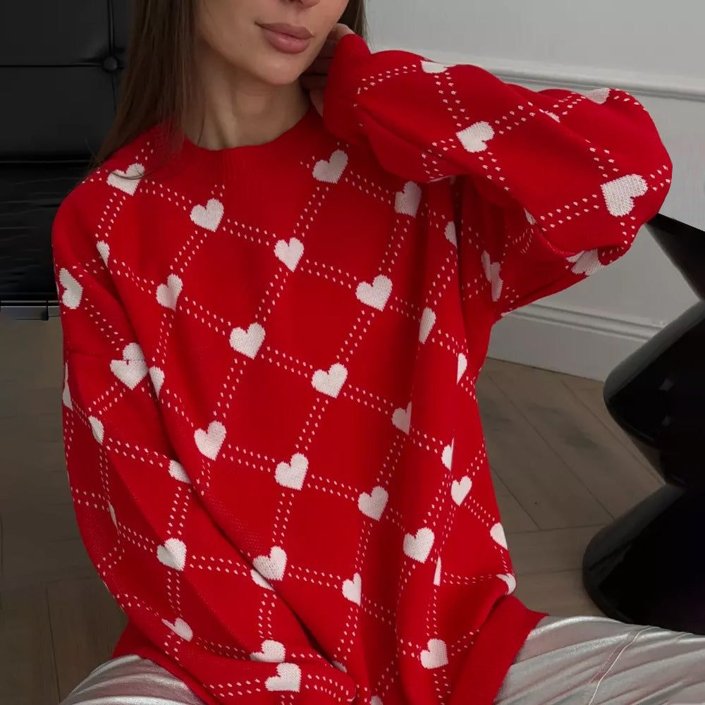 Damen Gemusterter Strickpullover mit Herzmotiv und lässigem Schnitt Sovae