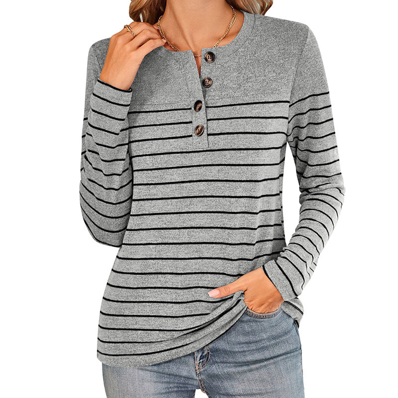 Damen Langarmshirt mit modischem Knopfverschluss und feinen Streifen Sovae