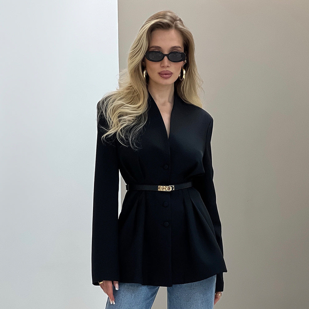 Damen Eleganter Blazer mit tailliertem Schnitt und abnehmbarem Gürtel Sovae