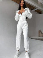 Damen sportlicher Jumpsuit mit Reißverschluss und Kapuze Sovae