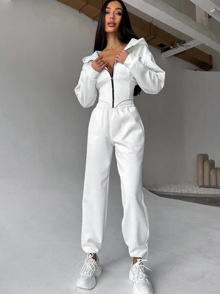 Damen sportlicher Jumpsuit mit Reißverschluss und Kapuze Sovae
