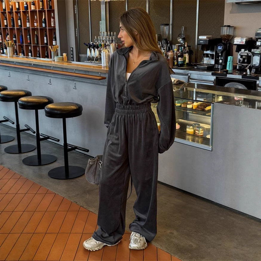 Damen luxuriöser Velours-Jumpsuit mit hohem Kragen Sovae