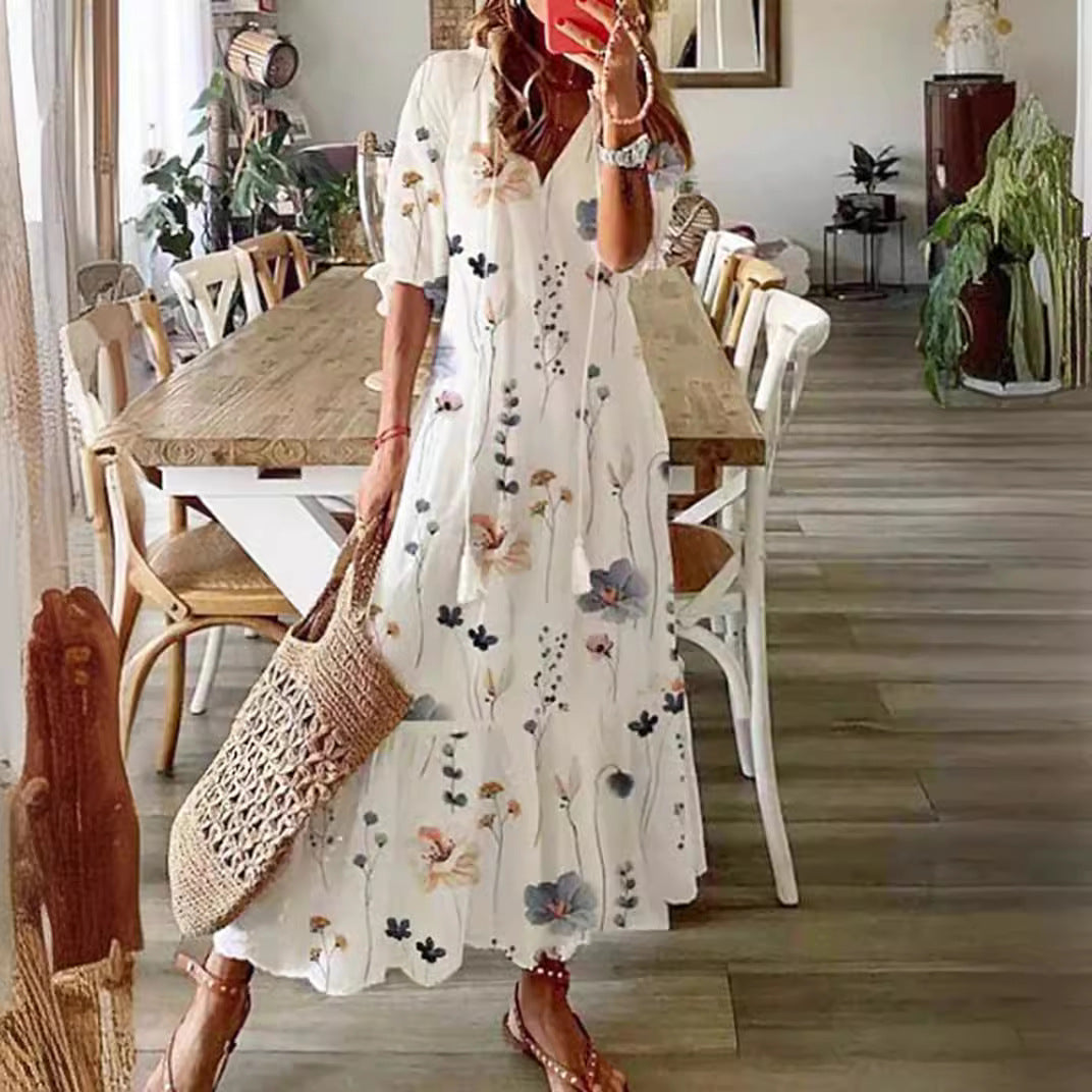 Damen Maxikleid mit floralen Stickereien und elegantem V-Ausschnitt Sovae