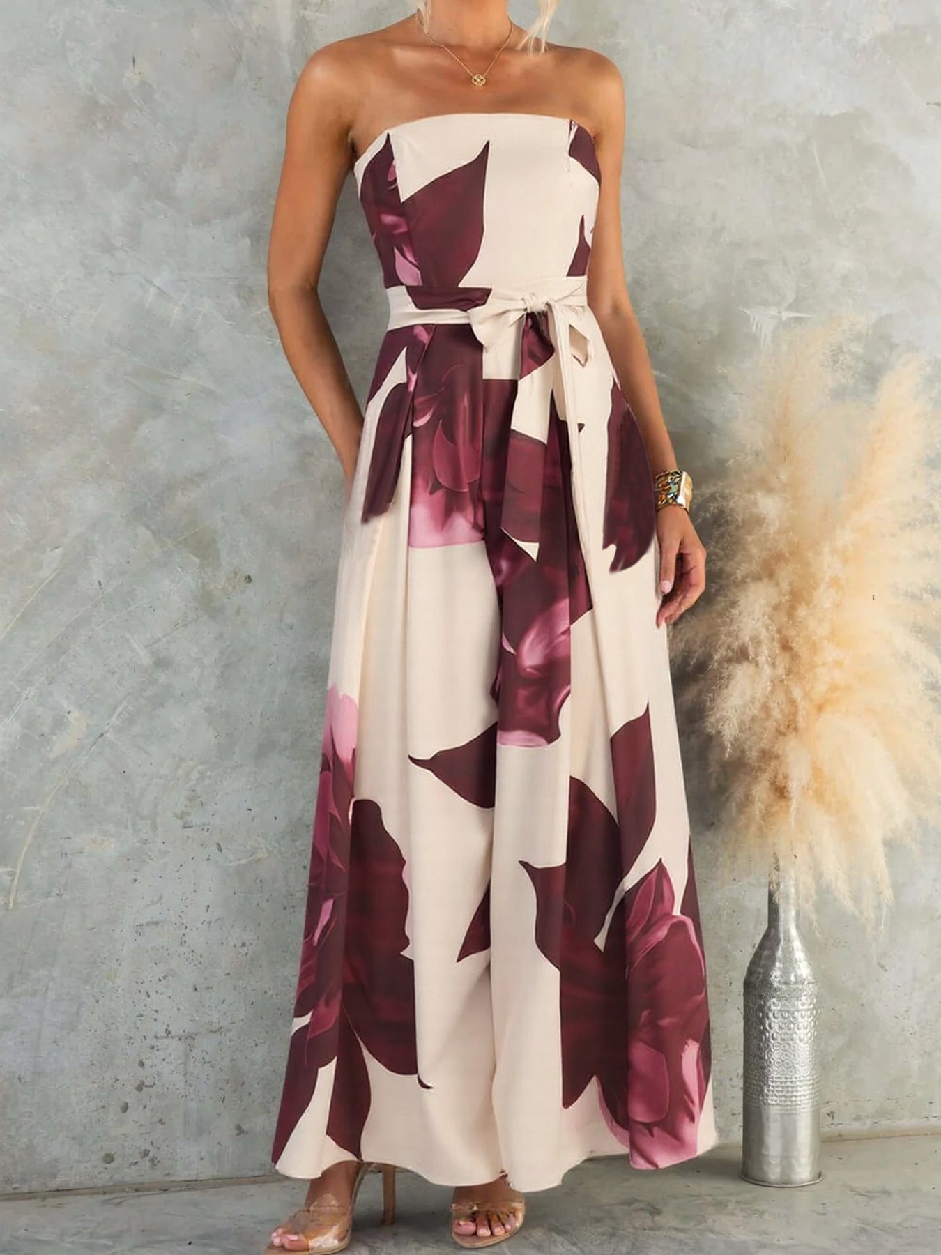 Damen Strapless Maxikleid mit floralen Akzenten Sovae