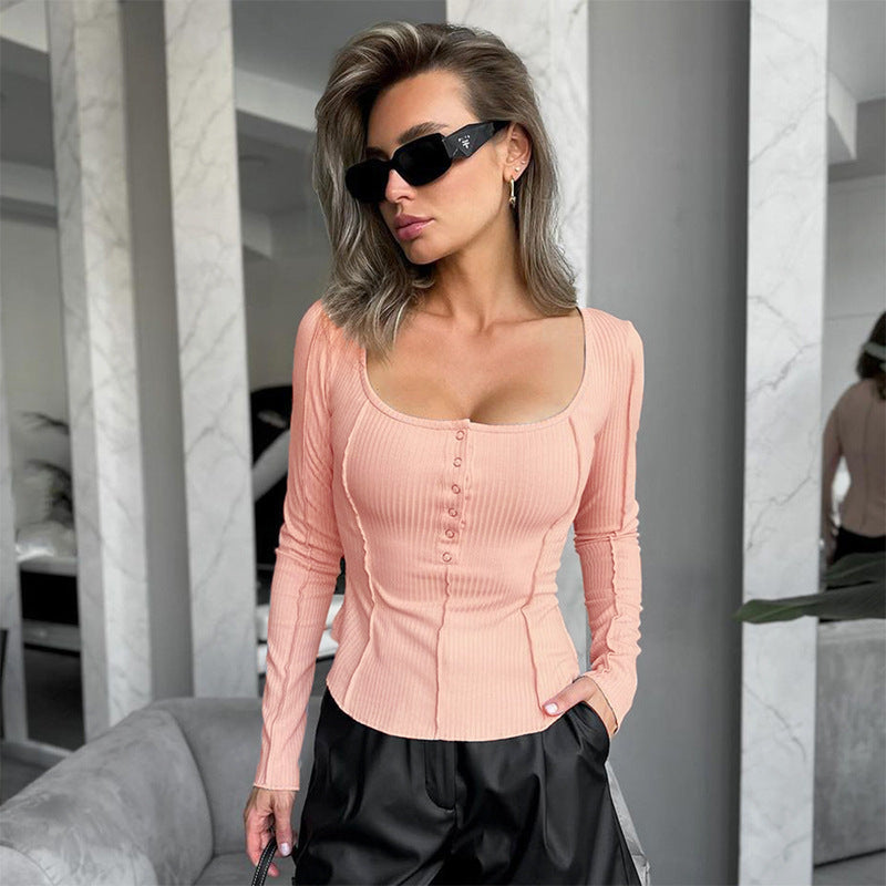 Damen figurbetontes Langarmshirt mit Knopfleiste Sovae