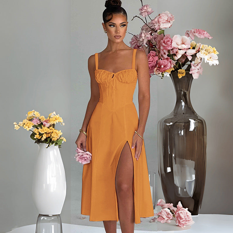 Damen Midikleid mit elegantem Schlitz und Rüschen Sovae
