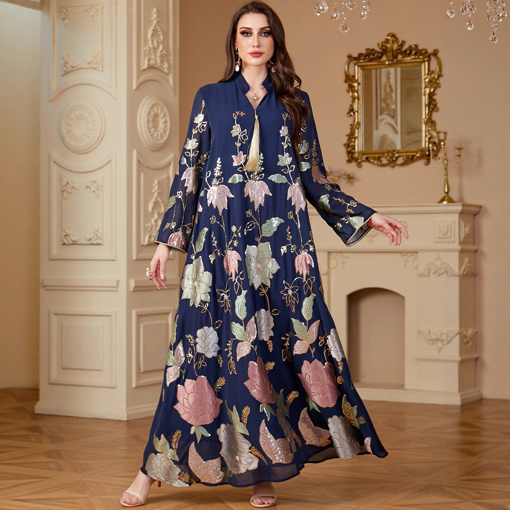 Damen Lange Kaftan-Robe mit floralen Stickereien Sovae