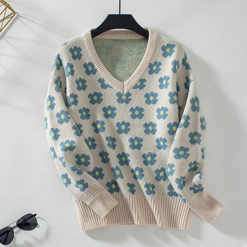 Damen Strickpullover mit floralem Muster und V-Ausschnitt Sovae