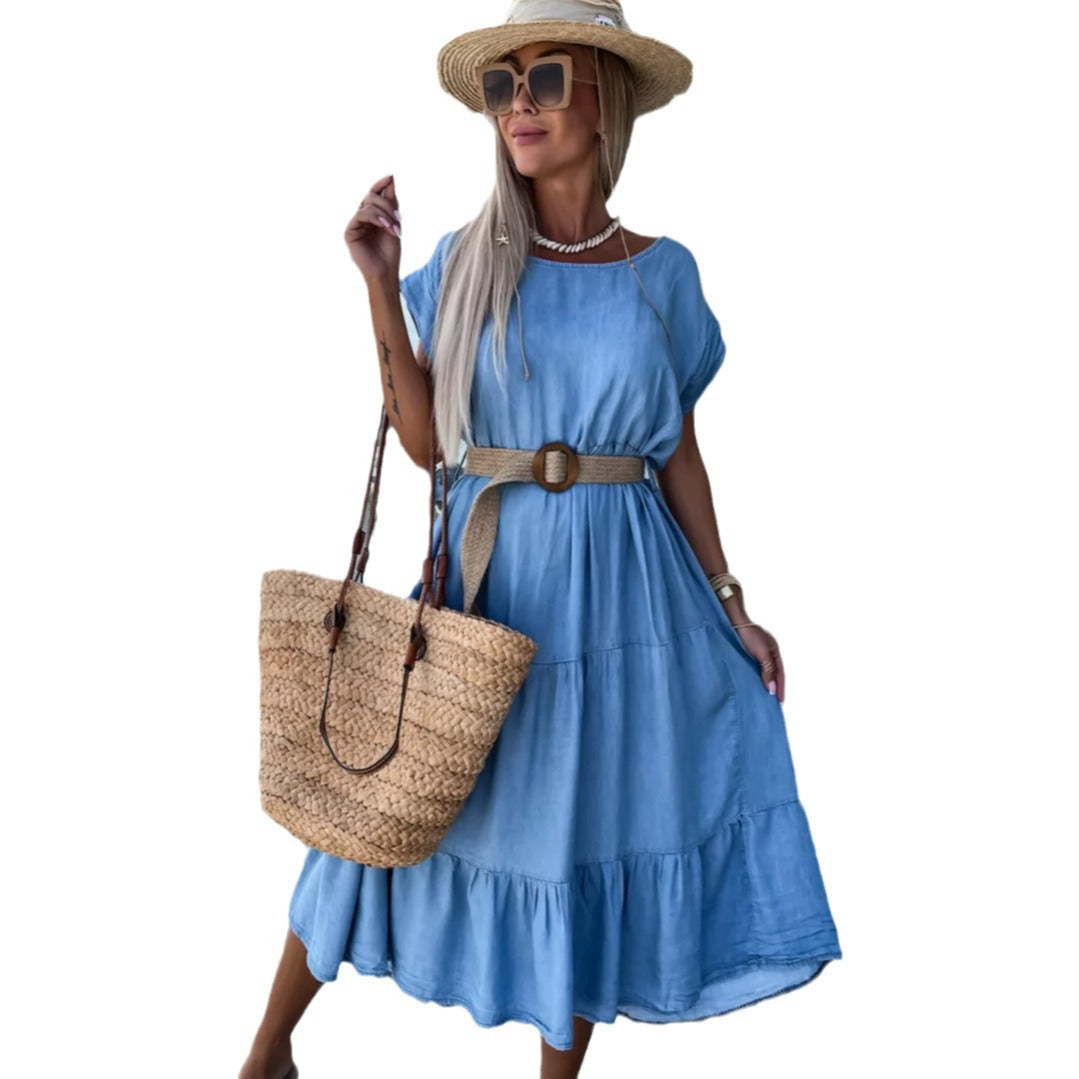 Damen lässiges Maxikleid mit tailliertem Gürtel und Volants Sovae
