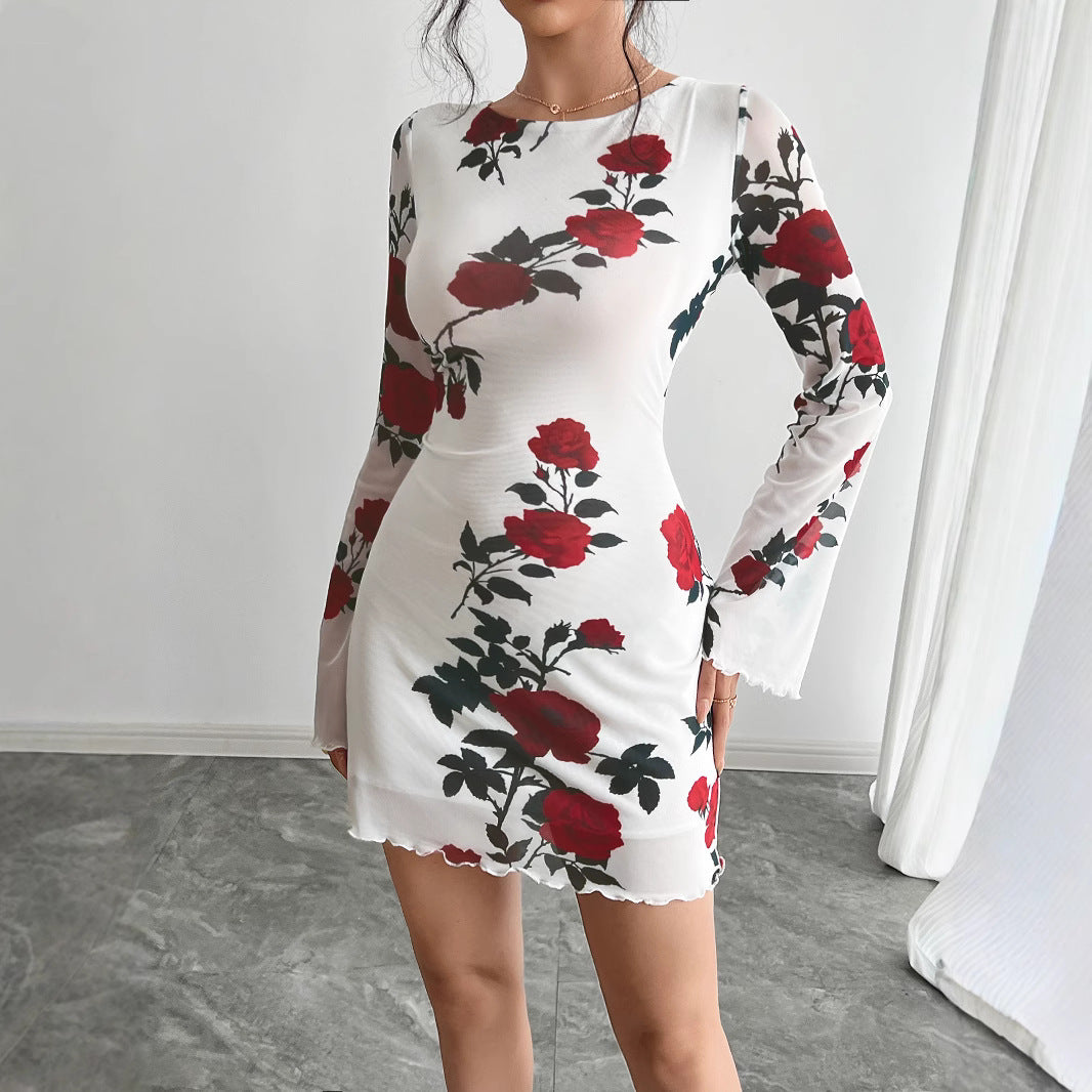 Damen Floral Minikleid mit langen Ärmeln Sovae