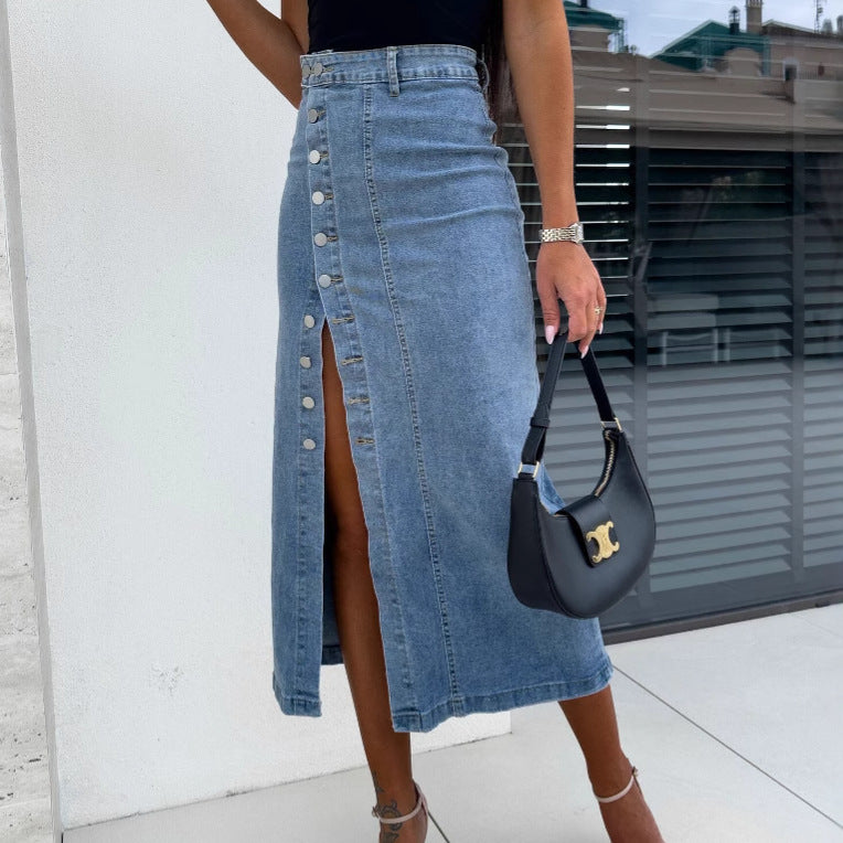 Damen Jeansrock mit seitlichem Knopfverschluss Sovae