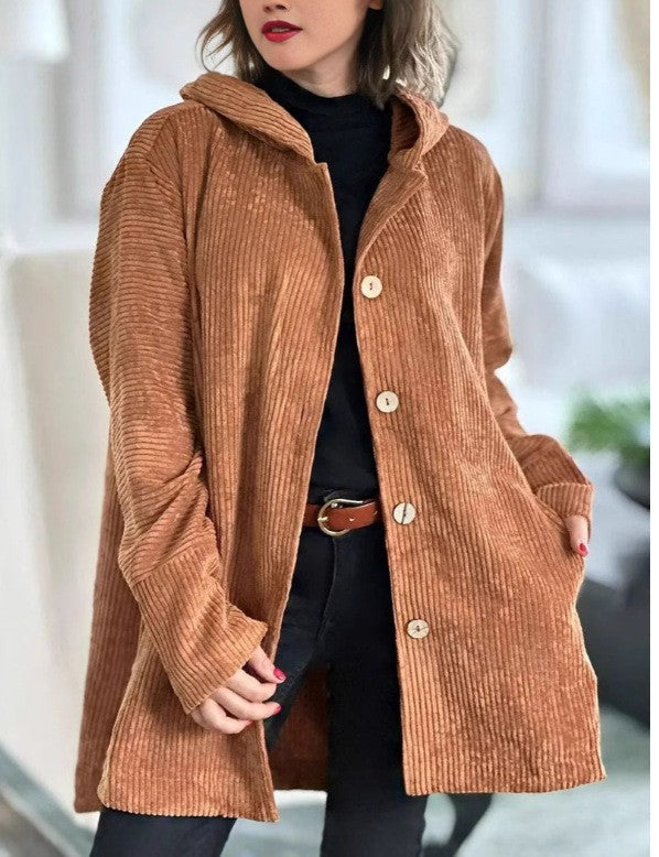 Damen Kapuzenjacke aus Rippstoff mit Holzknöpfen und Freizeit-Schnitt Sovae