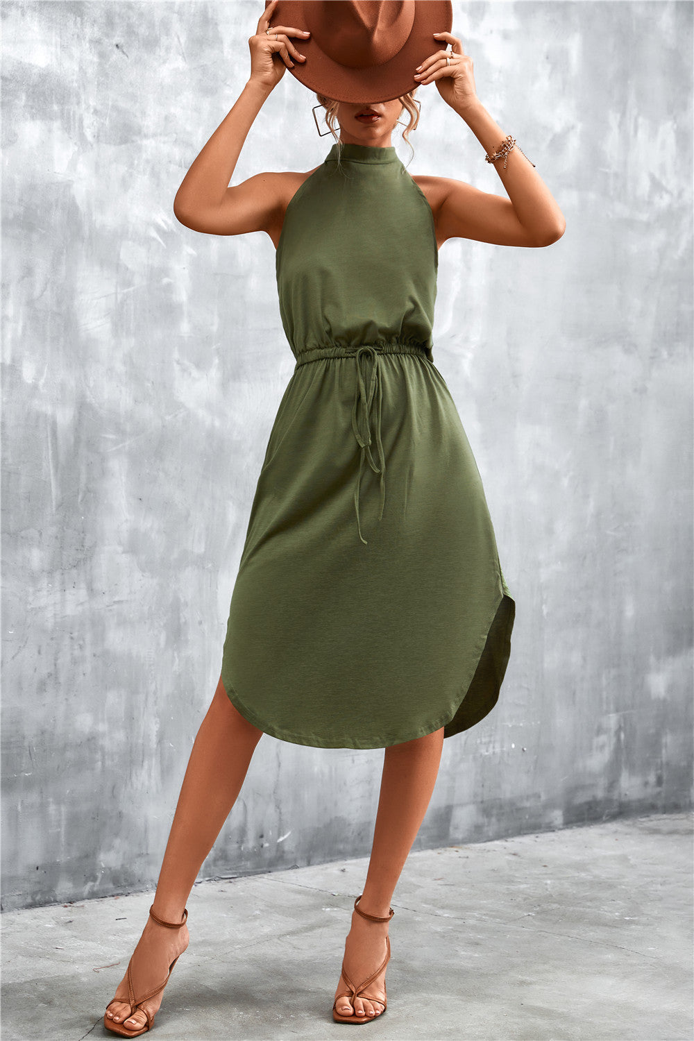 Damen lässiges Midikleid mit hohem Kragen und regulierbarem Gürtel Sovae