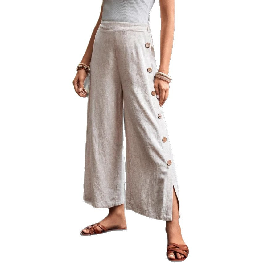 Damen Weit geschnittene Leinenhose mit Knopfdetail und seitlichen Schlitzen Sovae