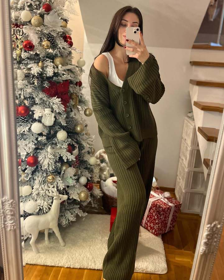 Damen lässiges Strick-Loungewear-Set mit Knopfleiste und weitem Schnitt Sovae