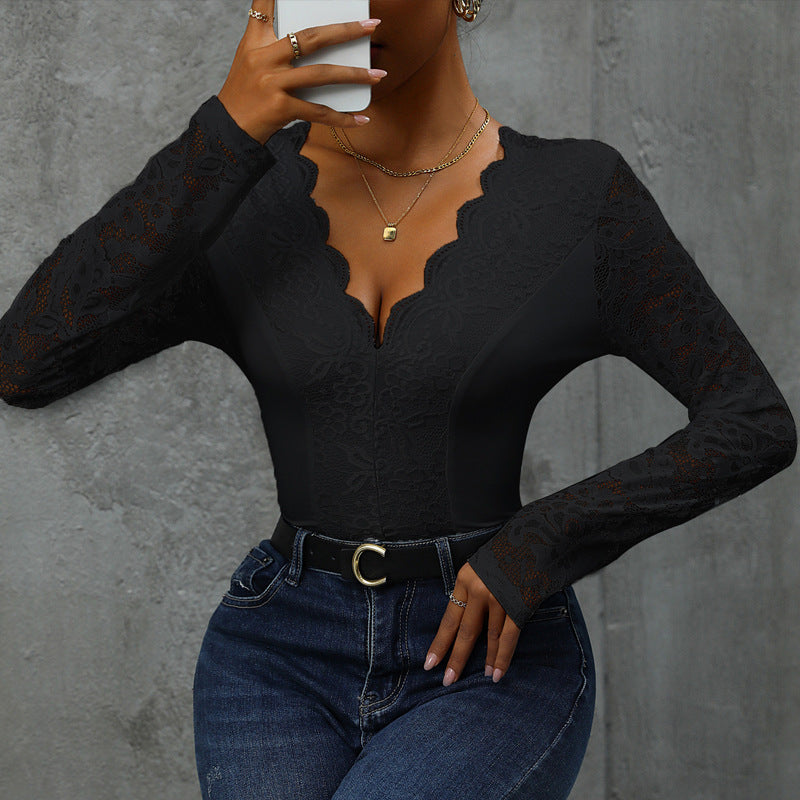 Damen Spitze Bodysuit mit V-Ausschnitt und langen Ärmeln Sovae