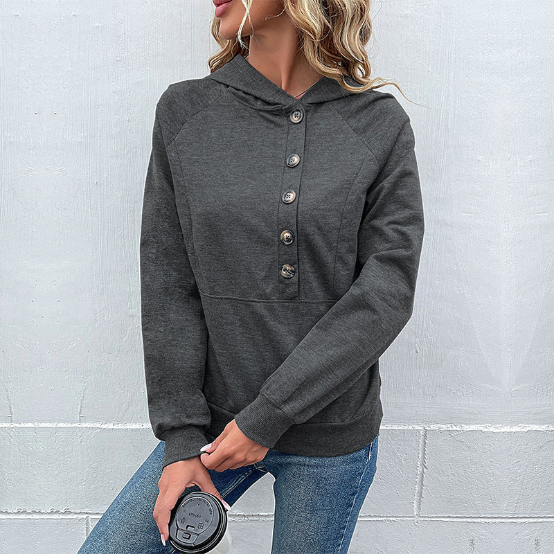 Damen lässiger Kapuzenpullover mit Knopfleiste und Raglanärmeln Sovae