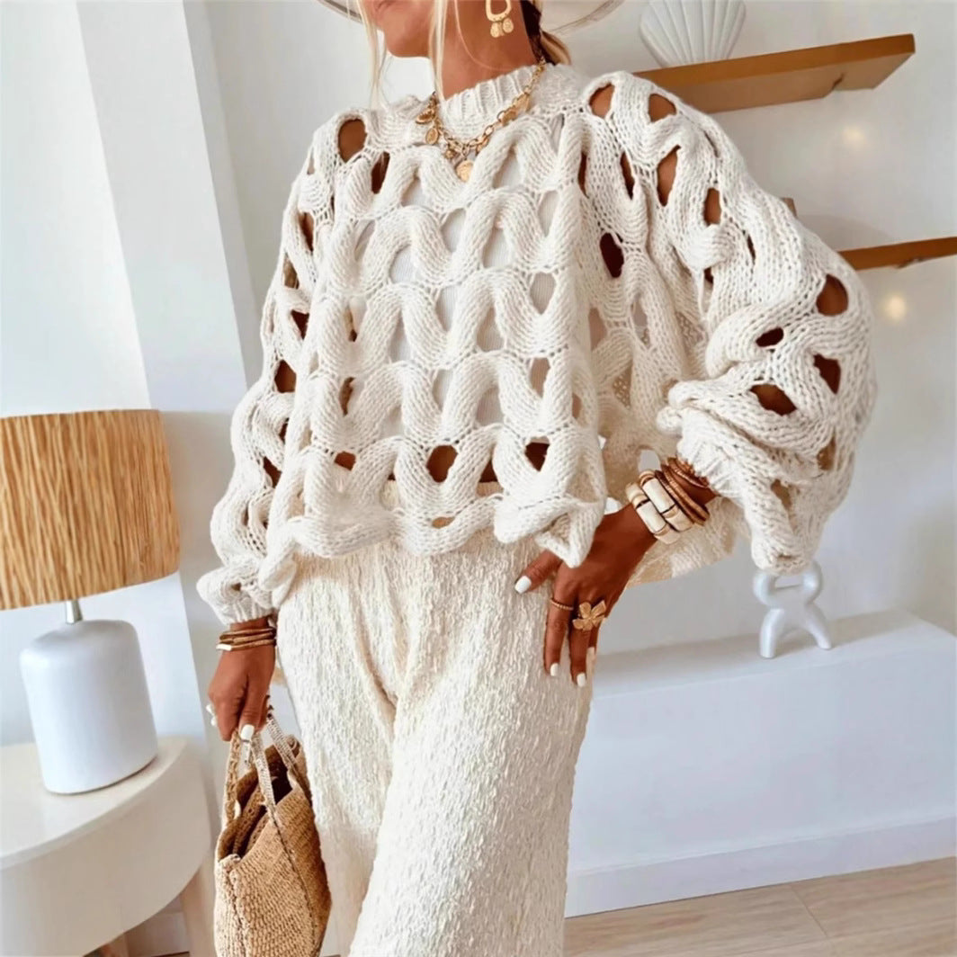 Damen lässiger Strickpullover im modernen Lochmuster Sovae