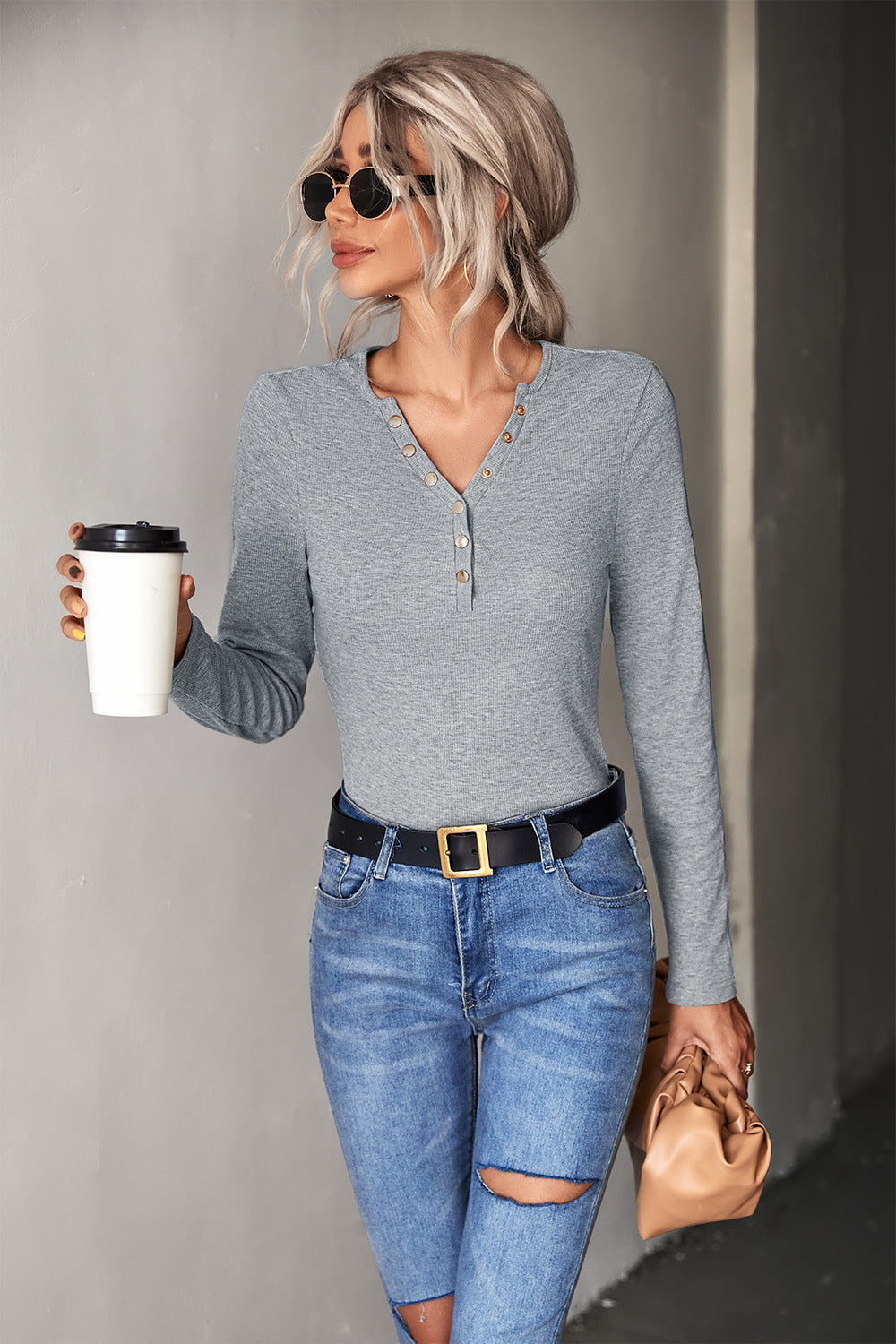 Damen Langarmshirt mit modischer Knopfleiste Sovae