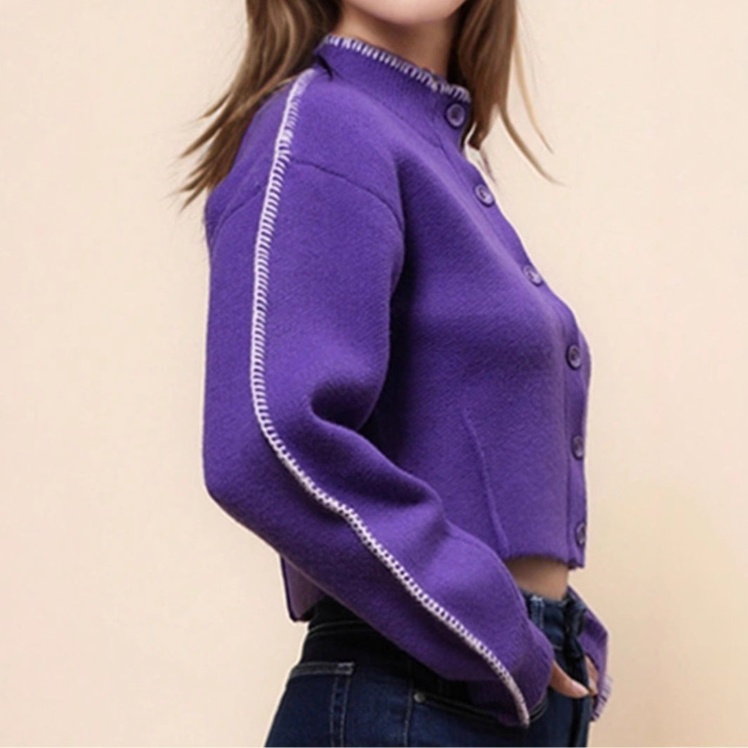 Damen stilvolle Strickjacke mit Knopfverschluss und hochgeschlossenem Kragen Sovae