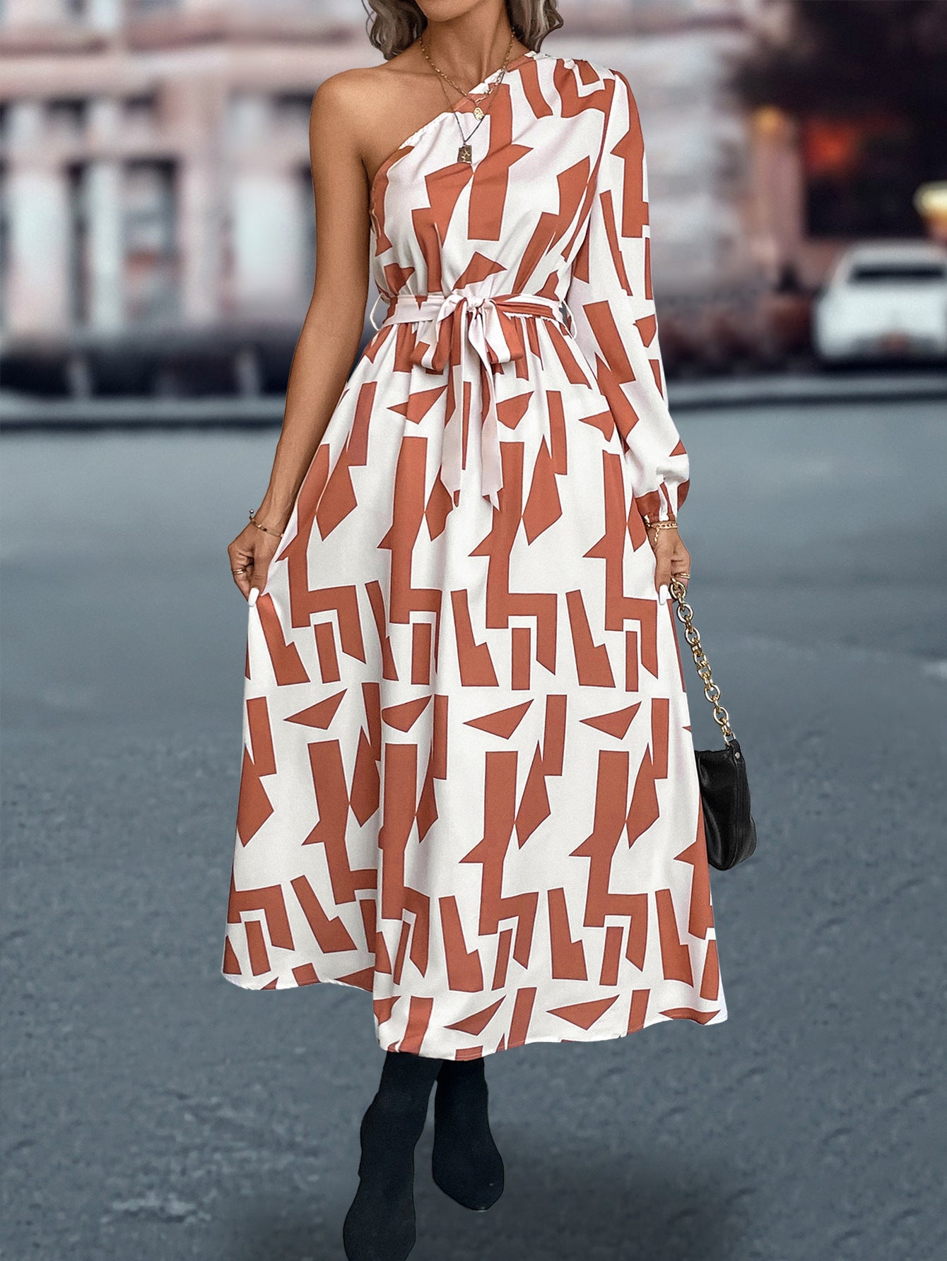 Damen Maxikleid mit asymmetrischem One-Shoulder-Design und Bindegürtel Sovae