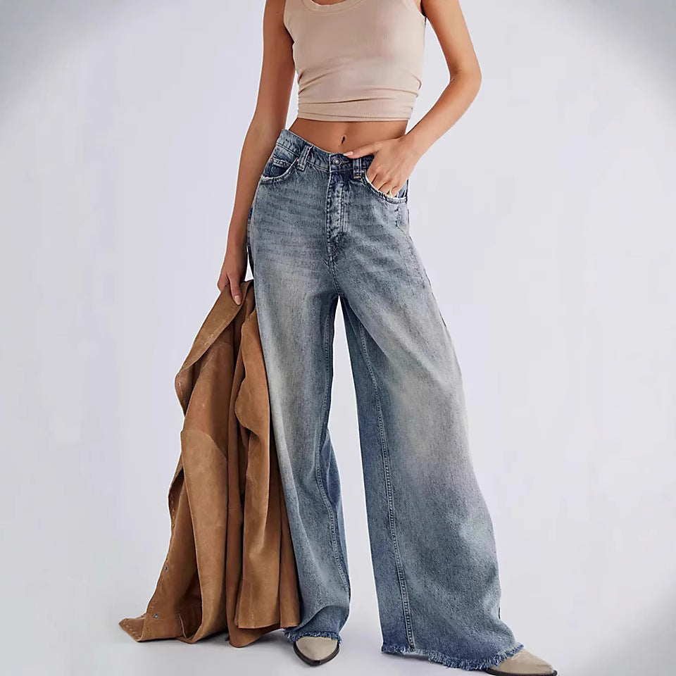 Damen Weit geschnittene Denim-Jeans mit fransigen Säumen Sovae