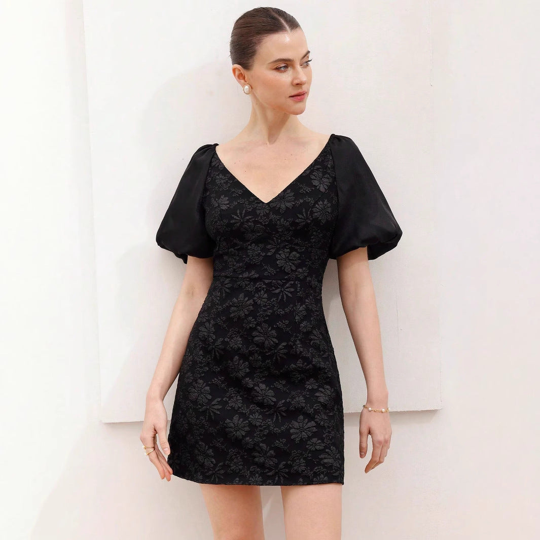 Damen Puffärmel Minikleid mit floralem Jacquard-Muster Sovae