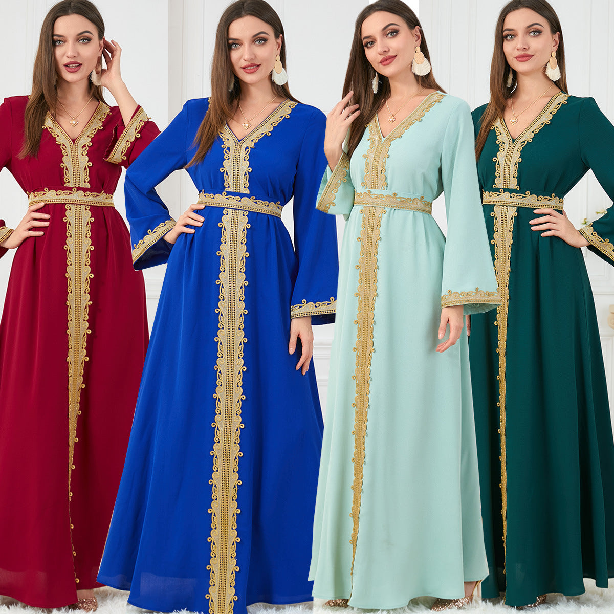 Damen Elegantes Maxikleid mit kunstvoller Goldstickerei Sovae