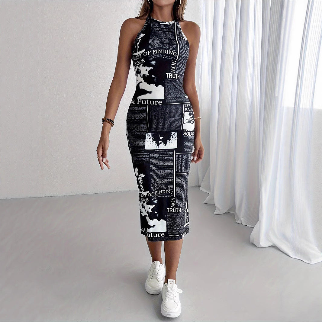 Damen Sportliches Maxikleid mit Zeitungsdruck Sovae