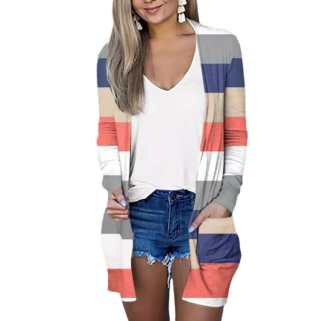 Damen Langarm-Strickjacke mit modischem Blockstreifenmuster Sovae