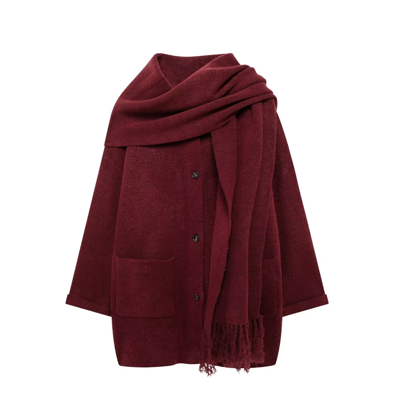 Damen stylische Strickjacke mit Schal und Knopfdetails Sovae
