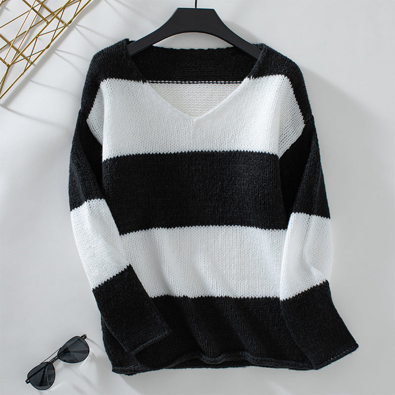 Damen lässiger V-Ausschnitt Strickpullover mit großzügigem Streifenmuster Sovae