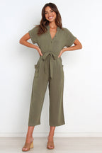 Damen lässiger Jumpsuit mit Taillengürtel und kurzen Ärmeln Sovae