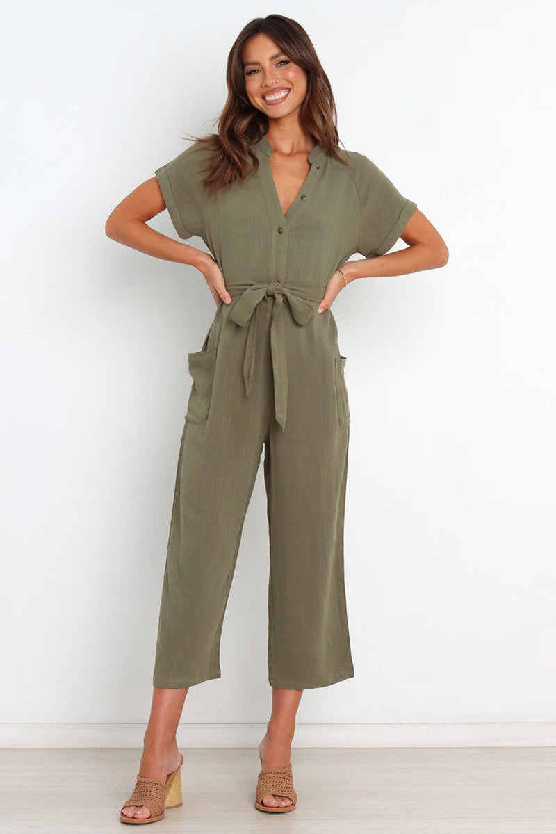 Damen lässiger Jumpsuit mit Taillengürtel und kurzen Ärmeln Sovae