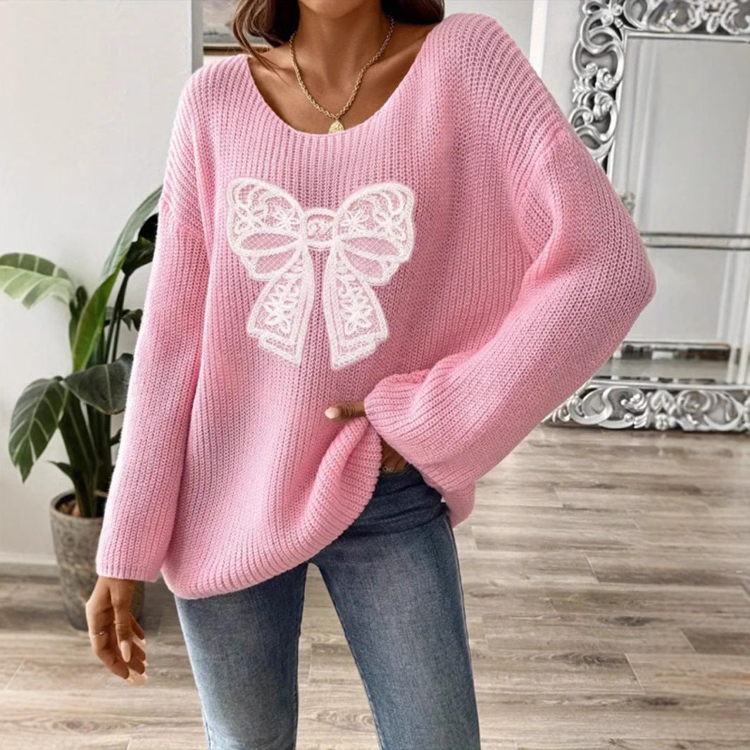 Damen Oversized Strickpullover mit romantischem Schleifenmotiv Sovae