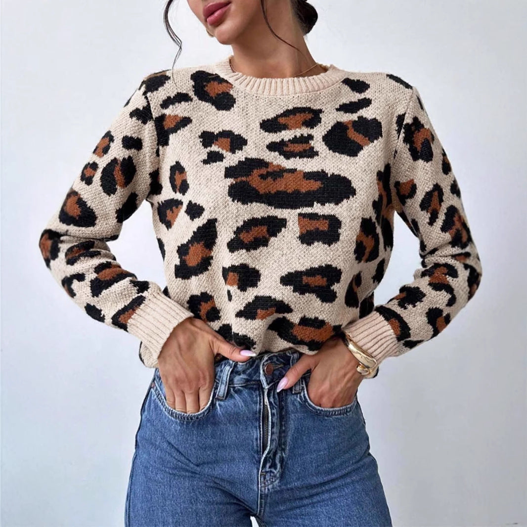 Damen kuscheliger Strickpullover mit Leopardenmuster und überschnittenen Schultern Sovae