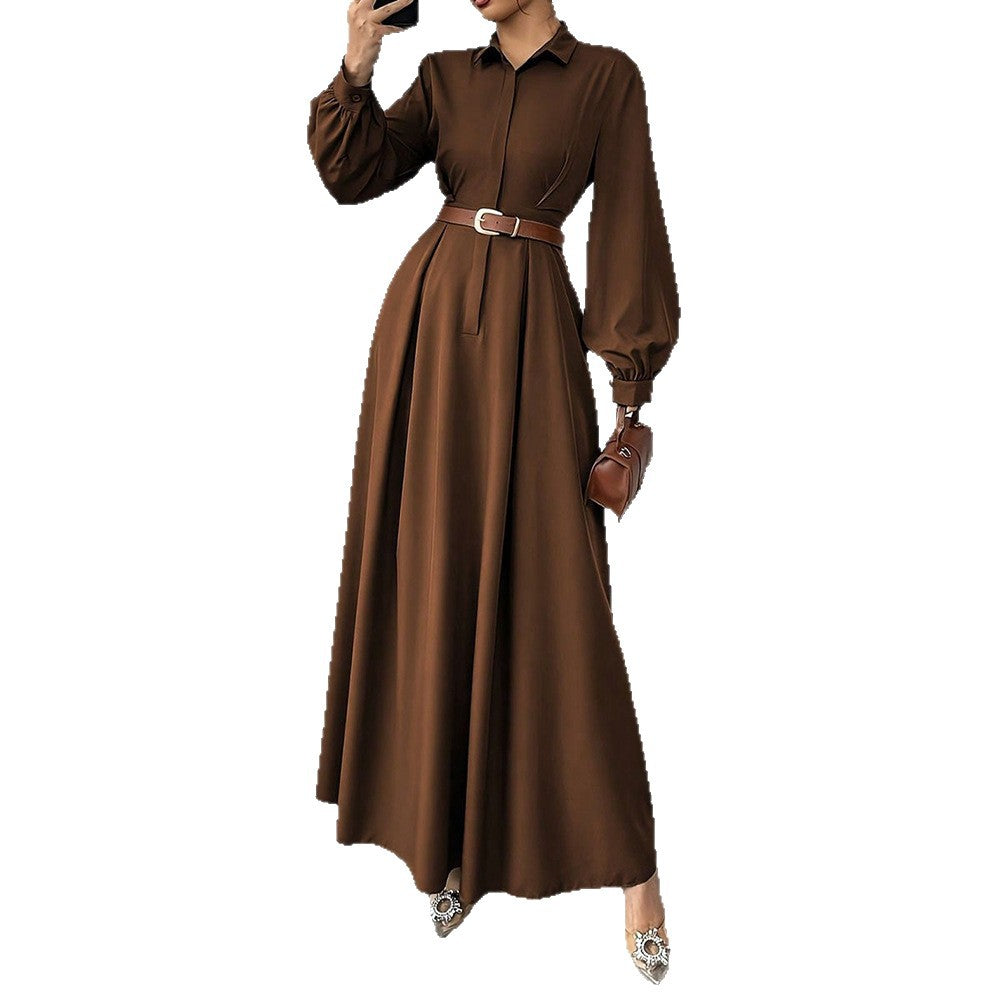 Damen Elegantes Maxikleid mit hochgeschlossenem Kragen und Taillengürtel Sovae