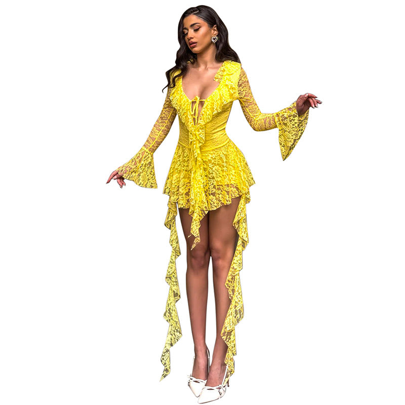 Damen verspieltes Spitzenkleid mit Rüschendetails Sovae