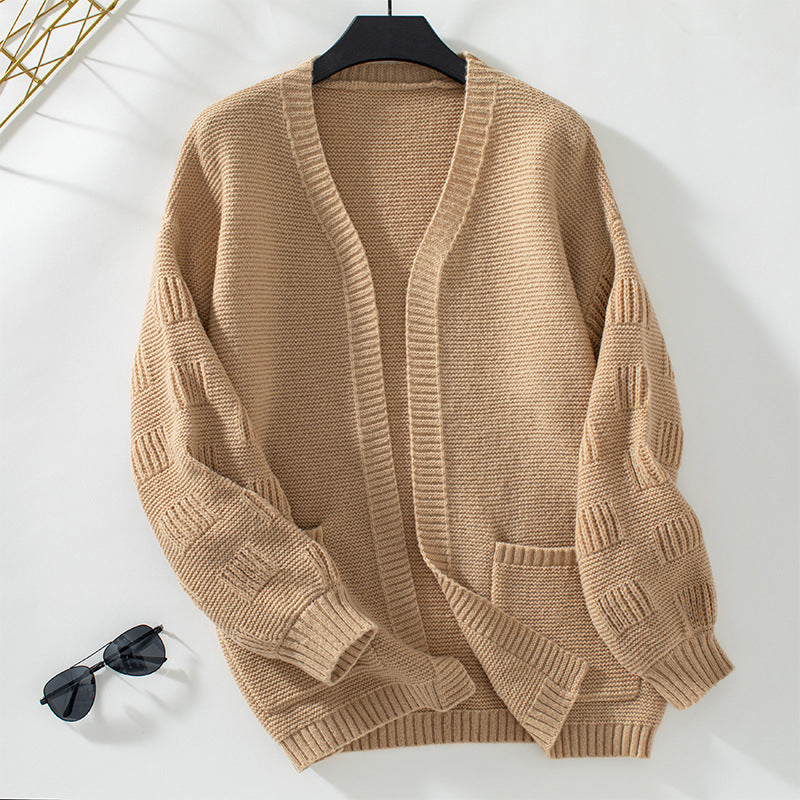 Damen weit geschnittene Strickjacke mit Taschen und strukturiertem Ärmel Sovae