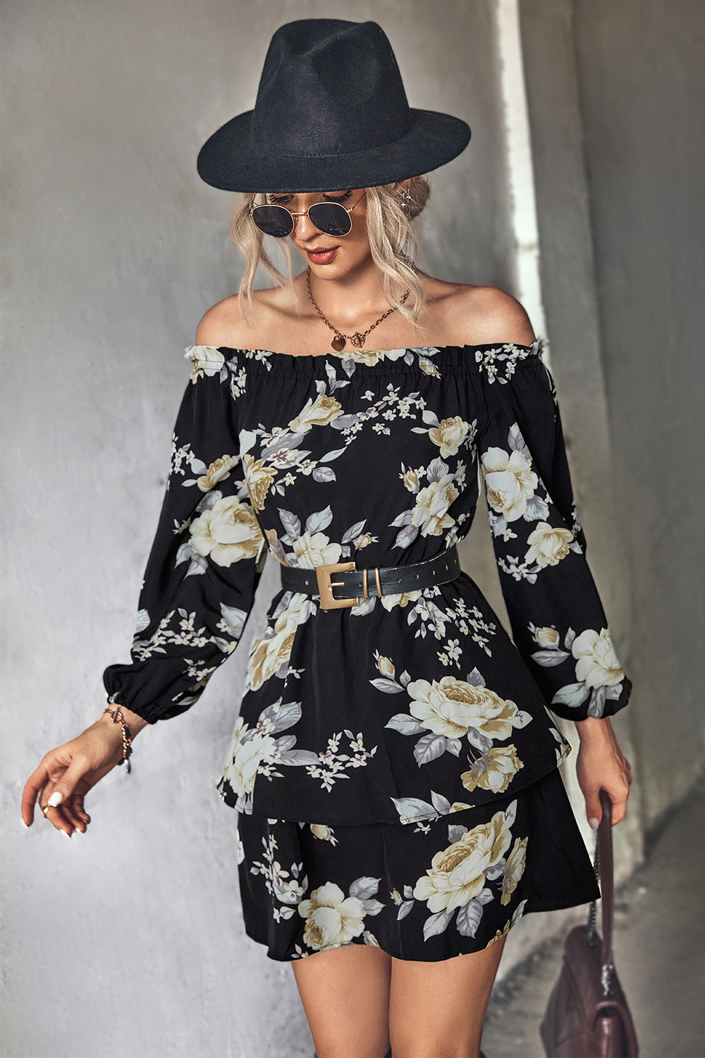 Damen Off-Shoulder Minikleid mit floralem Druck und Rüschensaum Sovae