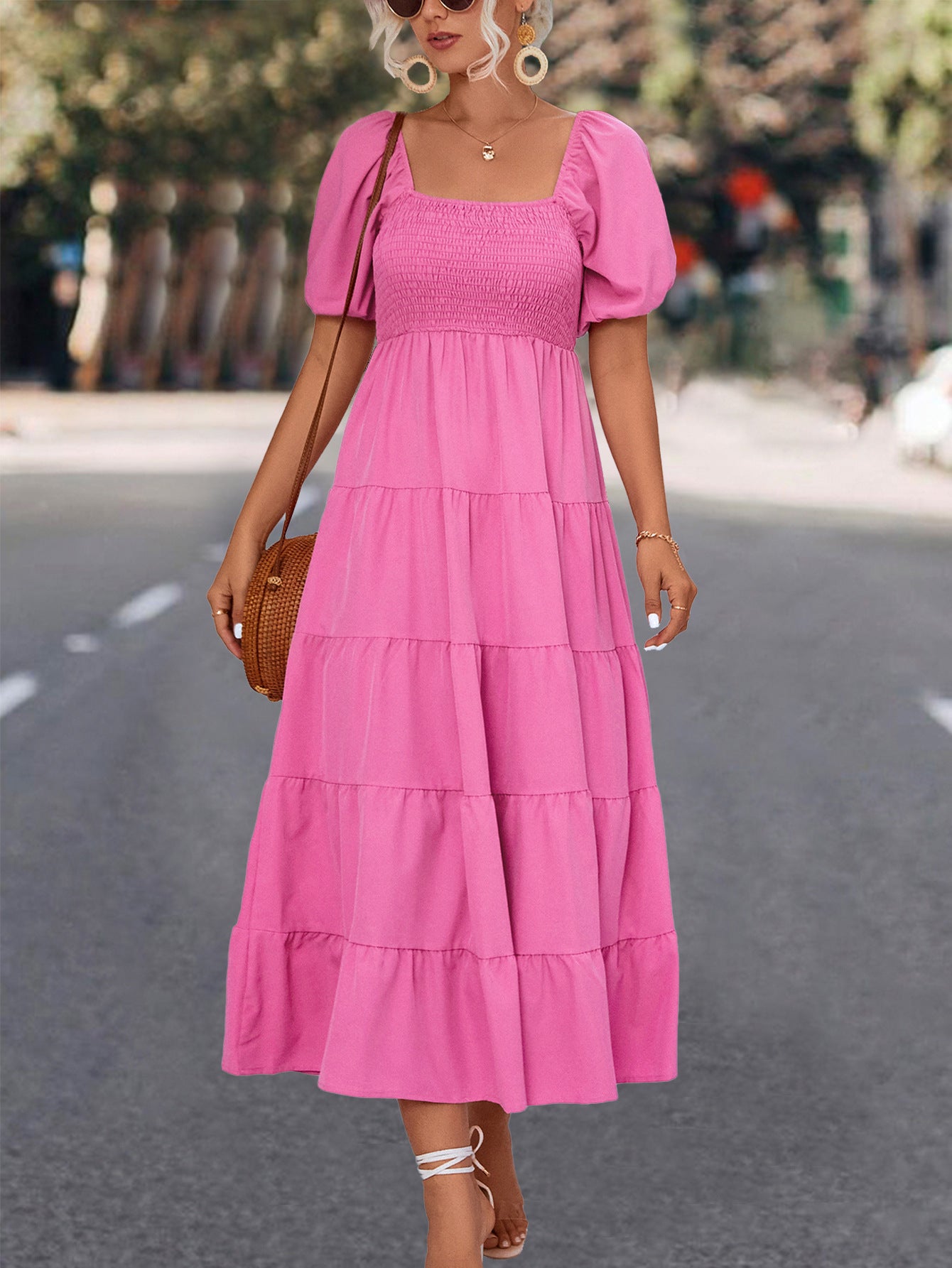 Damen Midi-Kleid mit elastischer Taillierung und voluminösen Puffärmeln Sovae