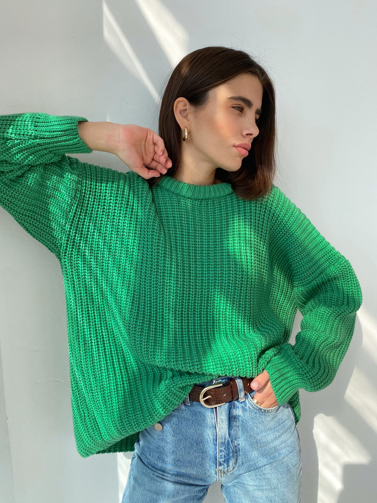 Damen lässiger Strickpullover mit strukturierter Mascheninterpretation und weitem Schnitt Sovae