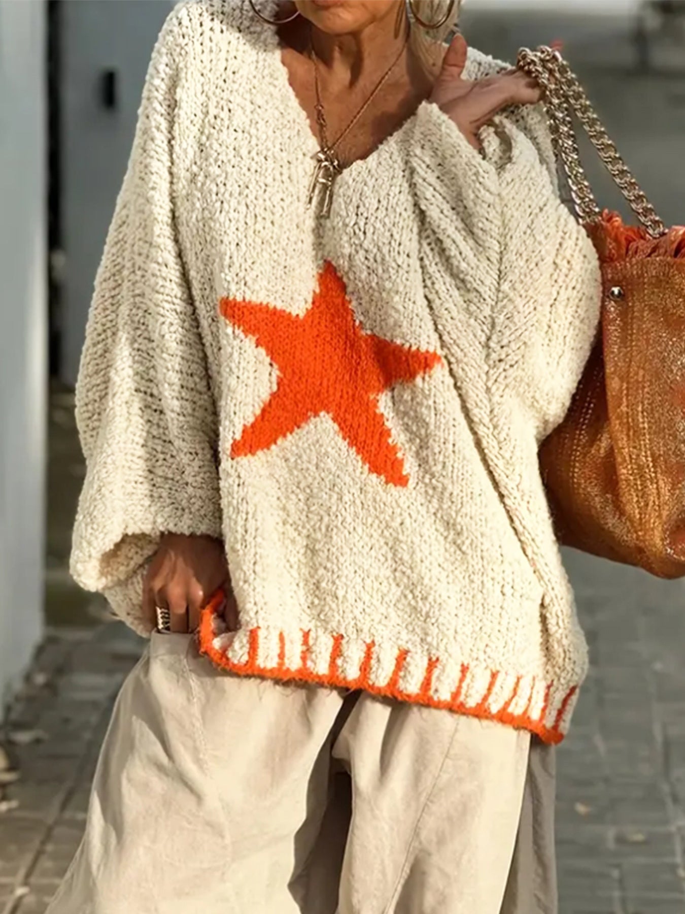 Damen Strickpullover mit V-Ausschnitt und auffälligem Sternenmuster Sovae