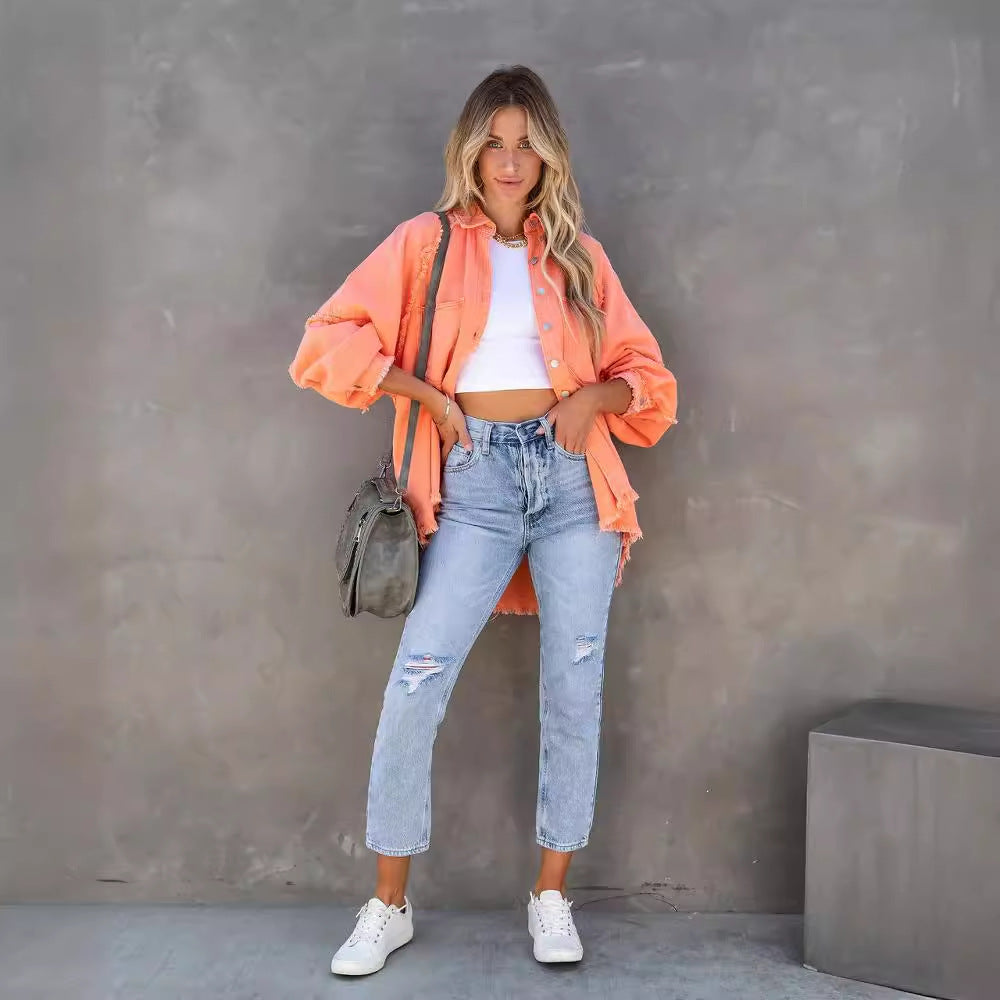 Damen übergroße Denim-Hemdenjacke mit fransigen Details Sovae