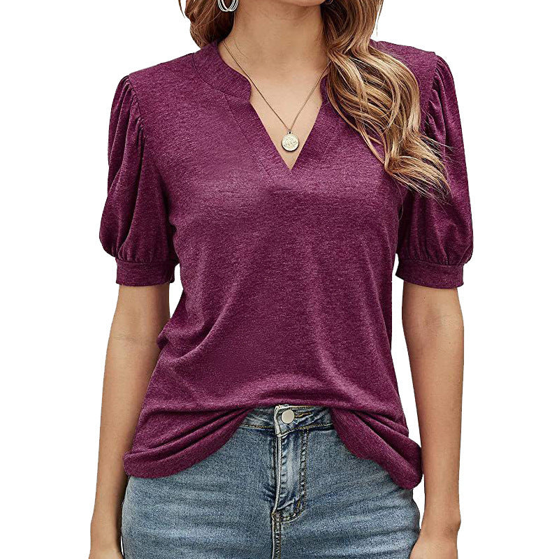 Damen V-Ausschnitt Kurzarmshirt mit Puffärmeln Sovae