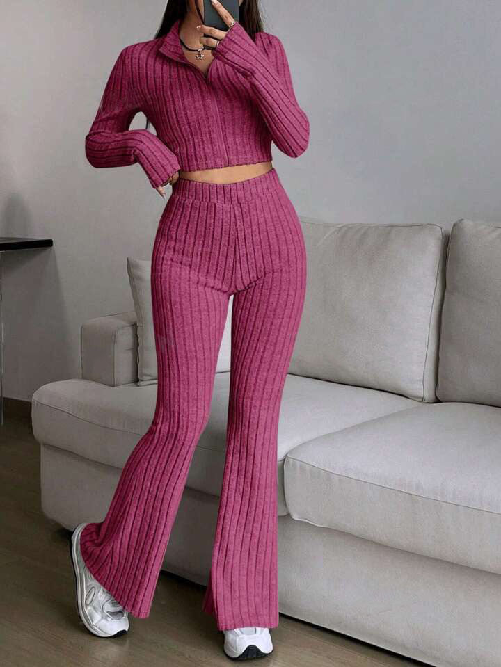 Damen Strick-Loungewear-Set mit cropped Oberteil und weit geschnittenen Hosen Sovae